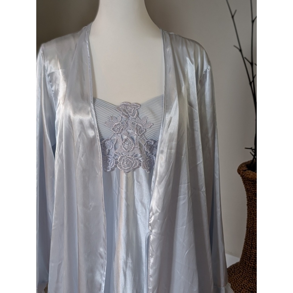 Delicates Blue Satin Sleepwear Set S Bridal Coquette Lace Nightgown Vintage
